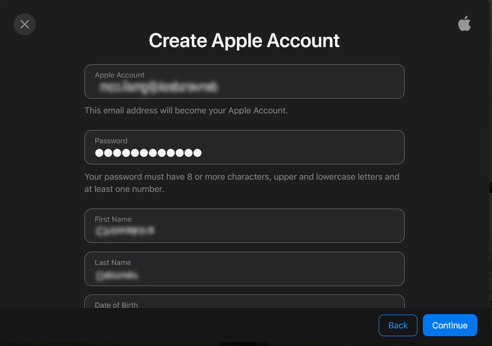 Create an Apple ID by filling out the required details